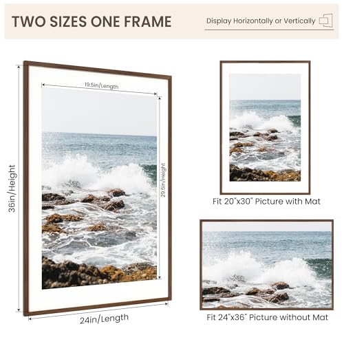 Image of FLYJOE 24x36 Oak Wood Picture Frame with Mat for 20x30, 24 by 36 USA-Sourced Natural Solid Wooden Poster Frame for Wall Display, Tempered Real Glass, Hanging Hardware Included, Walnut Color
