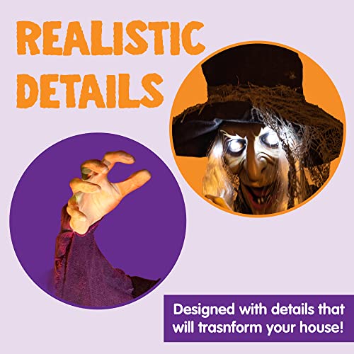 Image of JOYIN 72 inch Halloween Hanging Witch Decorations Outdoor, Flying Talking Ghost Decor Light Up Eyes Sound Activated, Outside Indoor Haunted House Prop for Lawn Yard Garden, Purple