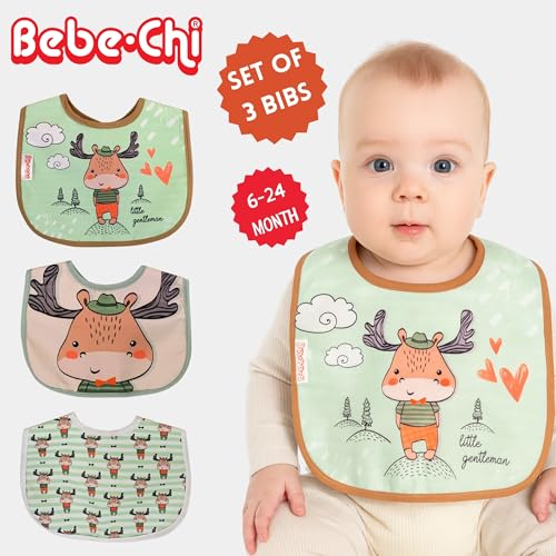 Bib for Baby Girls and Boys Aged 6-24 Months, Waterproof - Travel Companion - Wipeable Bibs - Baby Bibs for Eating(3 pack,deer)2