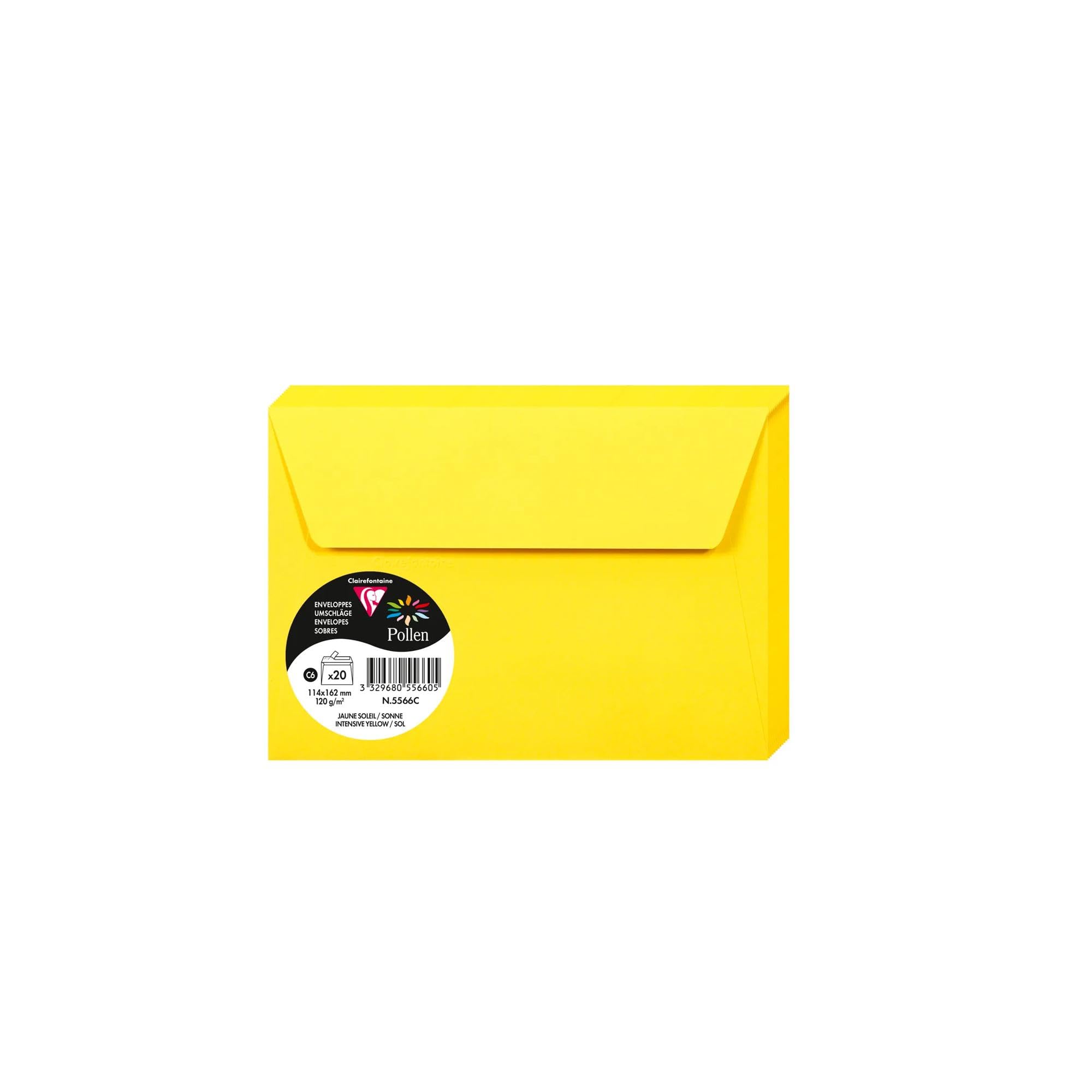 Clairefontaine 5566C Pack of 20 Self-Adhesive Envelopes C6 11,4x16,2cm 120gsm Intensive Yellow Invitation Event Correspondence Pollen Range Premium Paper