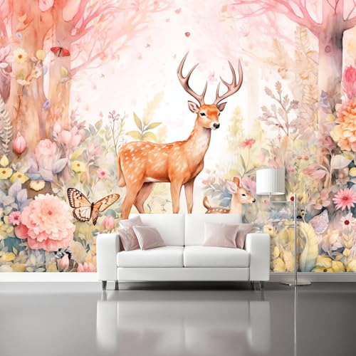 Papel Pintado Pared 250 x 175 cm - Bosque Animales Flora Papel pintado Rosa Mural de Arte Decoración para Comedores Salones Habitaciones Sala Cuarto Oficina Salón