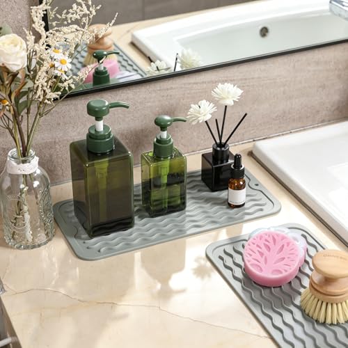 Image of 2 Pack Caketime Silicone Dish Drying Mat for Kitchen Counter Bathroom Under Sink Protector Faucet Drip Catcher Absorbent Liner Washer Dryer Countertop Organizer Drain Tray 12 inchx6 inch Light Gray