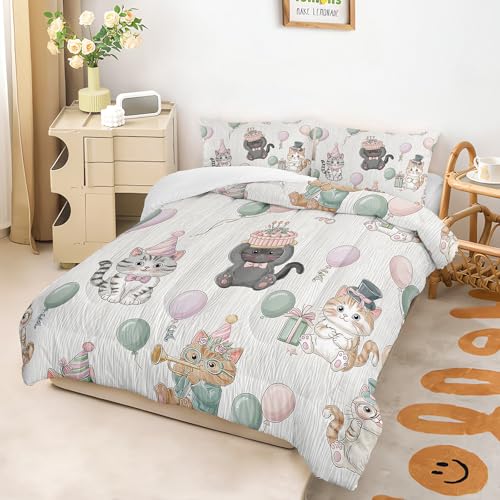 Image of AILONEN Kawaii Kitten Party Comforter Full 3 Piece Bedding Set Teens Girls Room Decor Pastel Cat Balloon Celebration Quilt Animal Print Plush Lightweight All Season Bedspread