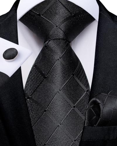 Image of DiBanGu Silk Zipper Ties for Men,Paisley Solid Plaid Pre-tied Tie and Pocket Square Cufflinks Set Formal Adjustable Necktie