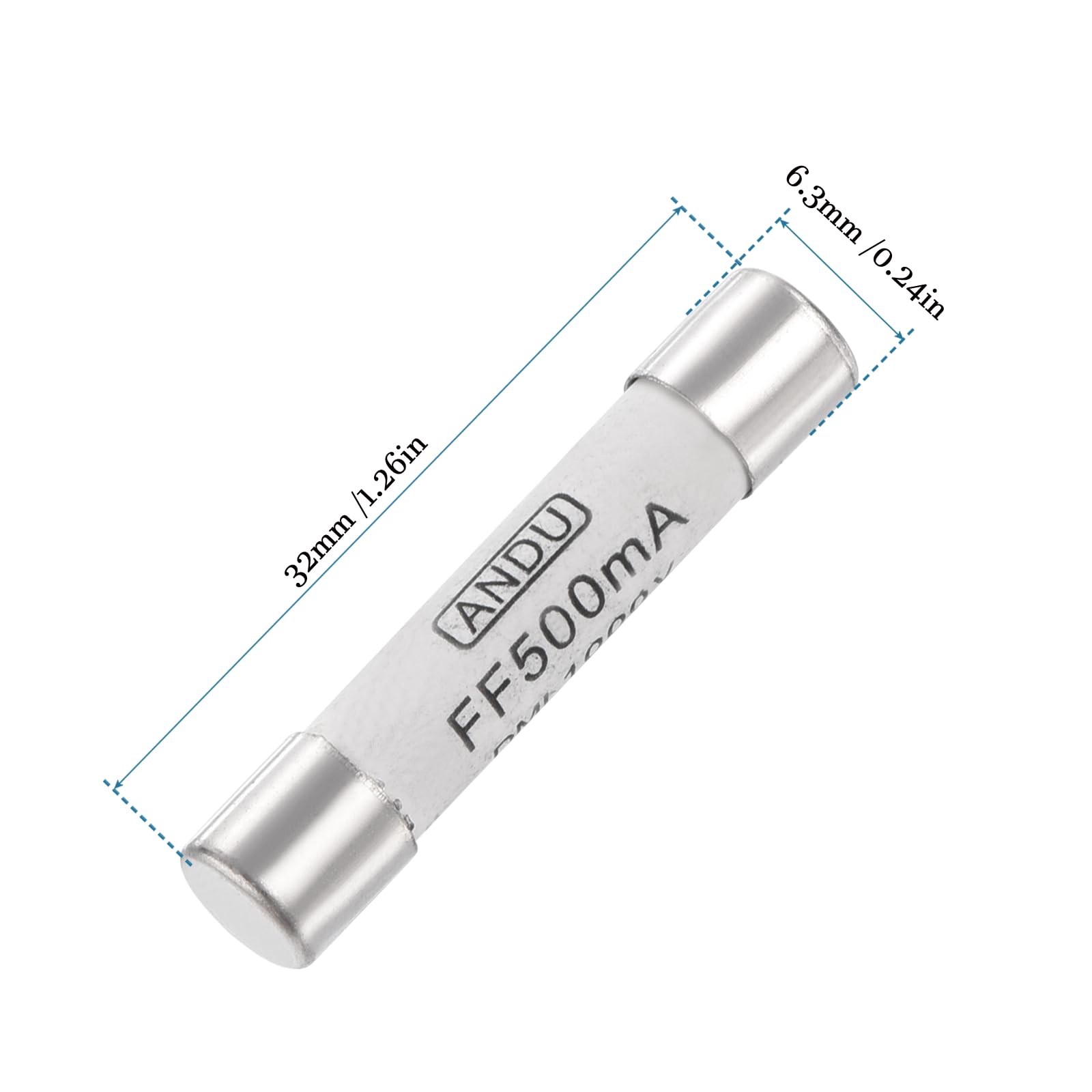 QUARKZMAN Bezpiecznik multimetru 1000 V 500 mA x 1 sztuka 6,3 x 32 mm szybkodziałające bezpieczniki z ceramiki jako zamiennik, [odcień srebrny, biały]
