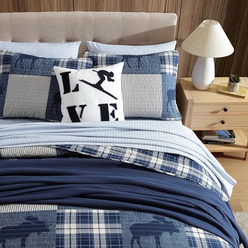 Image of Eddie Bauer - Twin Quilt Set, Naturally Soft Cotton Bedding w /a Lightweight Feel for All-Year Comfort, Reversible w /Matching Pillowcase, 2 Piece Bed Set (Moose Plaid /Pinstripe /Patchwork Blue)