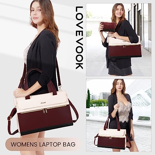 Image of LOVEVOOK Laptop Tote - 15.6 Inch Professional Leather Computer Briefcase - Waterproof Shoulder Bag - Large Capacity Business Teacher Office Bag - Crossbody Purse