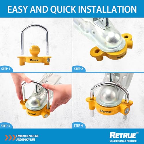RETRUE Universal Coupler Lock Trailer Locks Ball Hitch Trailer Hitch Lock Adjustable Security Heavy-Duty Steel Fits 1-7/8 Inch, 2 Inch, 2-5/16 Inch Couplers Yellow
