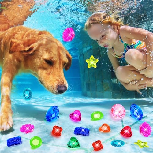 Image of MARFOREVER 16 Pcs Diving Gems Pool Toys Pirate Treasure Chest Gemstones Kid | 2x60 MM Diamond and 14 Colorful Diamond, Swimming Dive Throw Toys, Summer Underwater Swim Training Gifts Games for Boys Girls