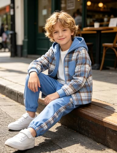 Image of Toddler Boy Clothes Plaid Hooded Shirt White T-shirt Top and Solid Color Pants 3Pcs Winter Boys Clothes