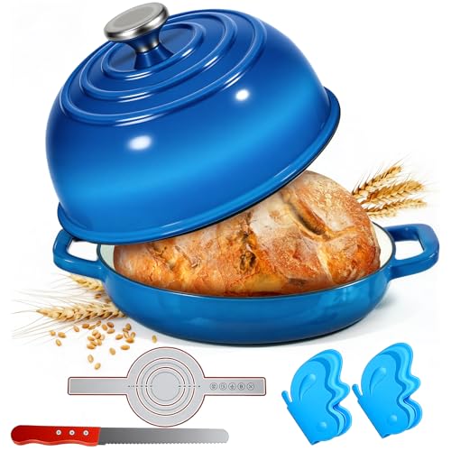 WUDLEP Large Bread Oven with Cloche Lid, 5QT Enamelled Cast Iron Dutch Oven Pot with 2 Butterfly Pot Clips, 32.5cm Bread Knife and Non Stick Silicone Baking Mat for Sourdough Baking, Ocean Blue