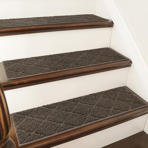 COSY HOMEER Edging Stair Treads Non-Slip Carpet Mat 28inX9in Indoor Stair Runners for Wooden Steps, Edging Stair Rugs for Kids and Dogs, 100% Polyester TPE Backing (15pc, Brown)