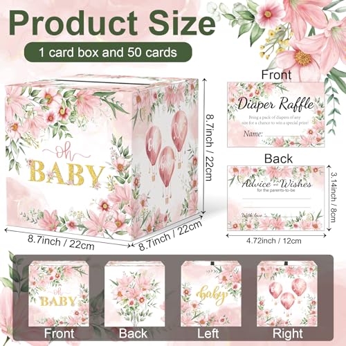 Image of Baby Shower Games, Floral Diaper Raffle Box, 50 PCS Diaper Raffle Tickets Card Box with Advice and Wishes for the Parents-to-be, Baby Shower Decorations, Diaper Raffle Sign
