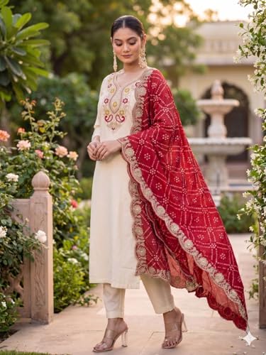 Image of Elegant Ethnic Kurta Set with Heavy Bandhani Embroidered Dupatta Festive & Occasion Ensemble for Women
