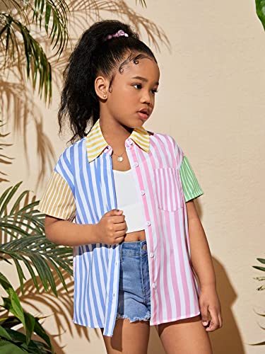WDIRARA Girl's Striped Short Sleeve Button Front Shirt Collar Blouse Pocket Tops4