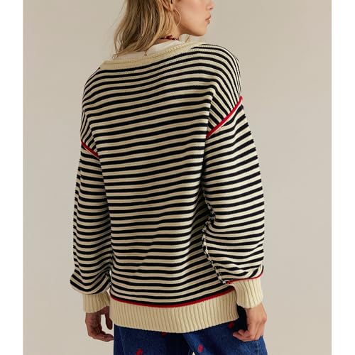 Hixiaohe Oversized Sweaters for Women Striped Cute Knit Sweater Long Sleeve Crew Neck Pullover Tops Trendy Loose Fit Clothes2