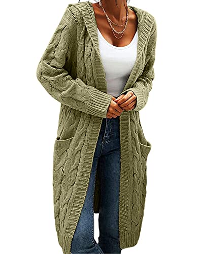 Women Hooded Open Front Cardigan Cable Knit Sweaters Solid Color Chunky Long Sweater Coats