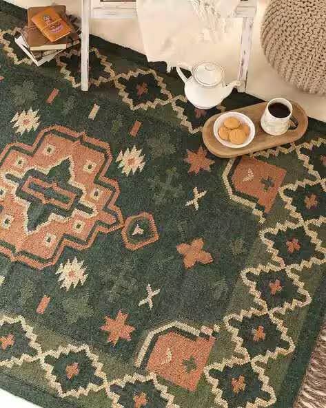 Handmade Wool and Jute Kilim Dhurrie Traditional Navajo Carpet for Living Room, Drawing Room, 4x6-image-1