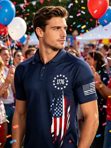 Polo para hombre 4 de julio, camiseta con botones y cuello corto, camiseta patriótica americana para hombre miniatura 3