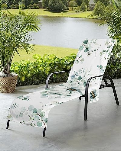 Green Eucalyptus Pumpkin Beach Chair Towel Covers for Chaise Lounge With Side Pocket, Soft Plush Pool Towels Cover for Patio Sunbathing Outdoor 29''x85'' Thanksgiving Fall Aesthetic Plant
