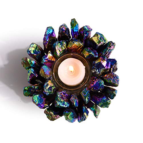 KALIFANO Rainbow Quartz Cluster Crystal Tealight Candle Holder - Decorative High Energy Geode Votive with Healing Effects