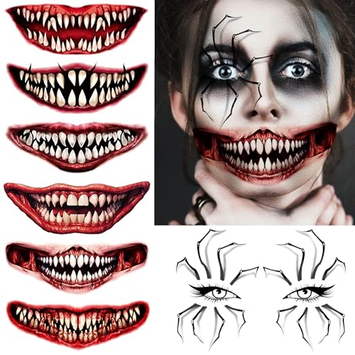 7 Sheets Halloween Spider Web Eye Temporary Tattoos For Women Men Adults Realistic Zombie 3D Red Blood Mouth Joker Clown Temp Scary Face Fake Tattoo Stickers Vampire Tattoos Halloween Makeup Kit