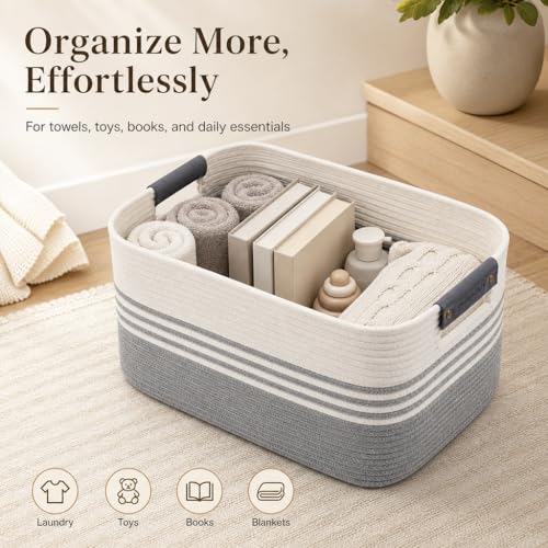 Image of Cotton Rope Laundry Basket Small, 12.8GAL Collapsible Woven Storage Baskets for Living Room Kids Toys Stuffed Animal,Boho Rectangular Decorative Short Hamper for Dirty Clothes, Blankets White Grey