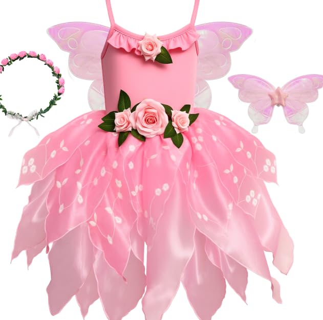 TinkerPlay Costume de Fée pour Fille, Costume de Papillon avec Ailes de Fée, Robe de Fée, Guirlande, Costume de Princesse pour Halloween, Anniversaire,...