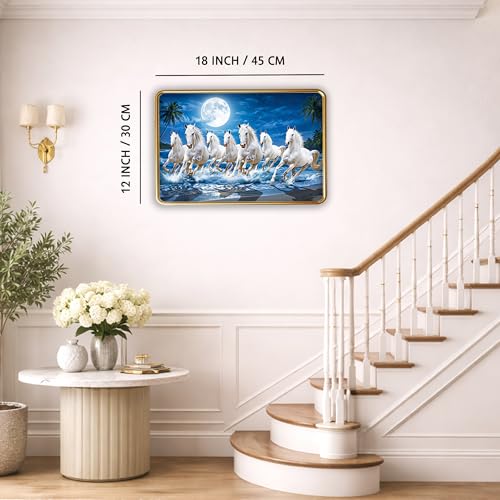 Image of XOPY Seven Running Horses with Golden Frame | Vastu 7 horses Raw Pyrite Painting for Home, Office & Living Room Wall Decore | 12X18 Inch Sparkle Laminated Frame | Best For Gifting (53319, 12X18)