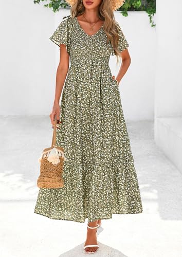 PRETTYGARDEN Boho Dresses for Women 2025 Summer Floral Short Sleeve V Neck Smocked Flowy Beach Vacation Maxi Dress3