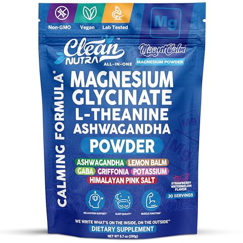 Magnesium Glycinate Powder Supplement + L Theanine Ashwagandha Glycine Apigenin Lemon Balm GABA 5HTP Pink Salt Potassium L Tryptophan Calcium | Powdered Sleep Aid Calm Trace Minerals Vitamin