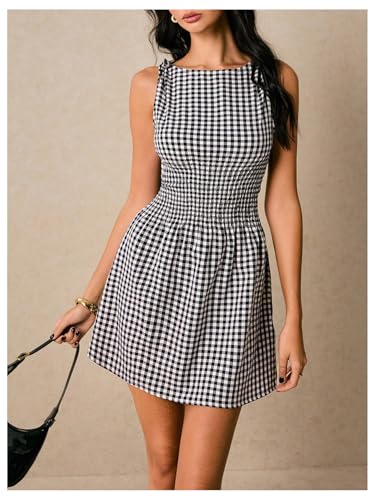 Floerns Women's Tie Shoulder A Line Gingham Dress Boat Neck Mini Summer Dresses3