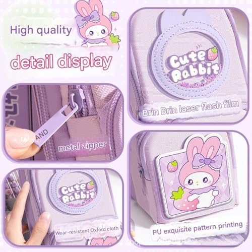Image of Premium Canvas Pencil Case Hang able 6 Layer with 3 Compartment Cute Aesthetic Pencil Case Large Capacity Pencil Pouch for Kids (Cute Rabbit - Purple)