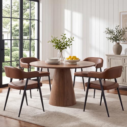 HNY Modern Dining Room Arm Chairs Set of 4, Retro Faux Leather Upholstered Barrel Dining Chairs with Arms Mid-Century Brown Accent Chair with Metal Legs, Open-Back Kitchen Side Chair for Living Room