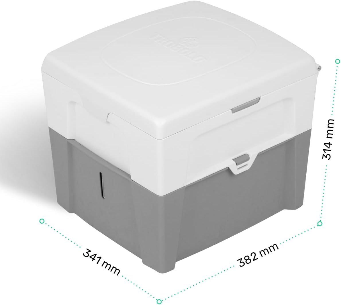 Diagram showing the dimensions of the TROBOLO WandaGO composting toilet: 382 mm length, 341 mm width, and 314 mm height.