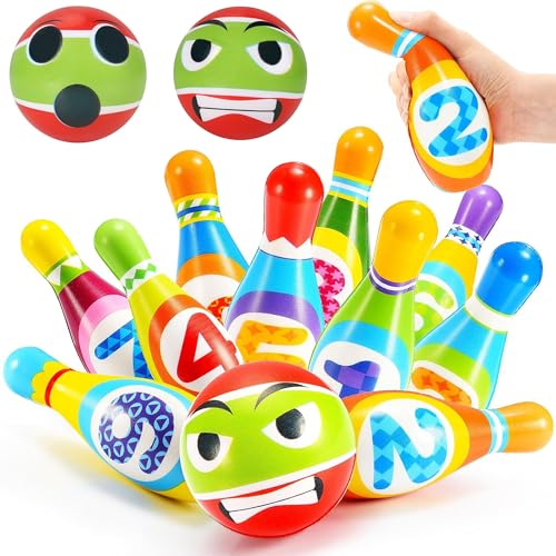 Preescolar, Toy Juego de Bolos para Niños 12 Piezas, Boliche de Juguete con 10 Bolos y 2 Bolas, Juego de Boliche de Espuma Talla Grande Suave, Colorido Boliche para Niños...