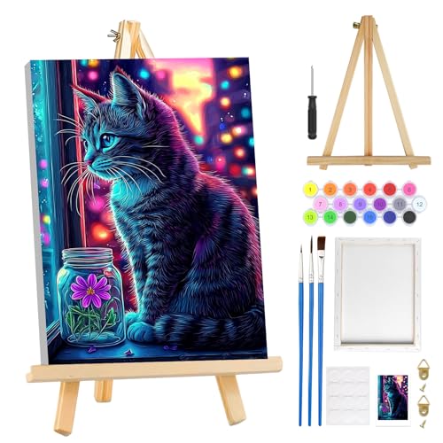 MOGTAA Chat Peinture Numero Enfant Adulte avec Cadre, Fleurs Peinture par Numero Adulte avec Chevalet, DIY Numéro d'Art Kits, Loisirs Créatifs Adultes, pour...