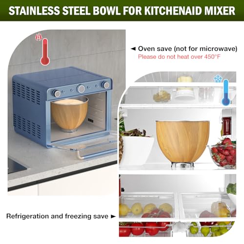 Image of 5QT Stainless Steel Mixer Bowl Compatible with Kitchen aid Stand Mixers Kitchenaid Replacement Bowl for 4.5-5 QT Tilt-Head Mixer with Handle, Wood Grain
