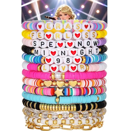 14Pcs Friendship Bracelets, Inspired Letter Bracelets Set, Colorful Stretchy Heishi Preppy Bracelets, Singer Music Lovers Fans Concert Merch Gifts for Women Favors