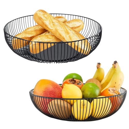 CHENGCKJ 2 Stück Obstschale Metall 27.5x9 cm Obstkorb Schwarz Matt Obstschale Design Durchbrochener Dekorativer Obstkorb Aufbewahrung Drahtkorb Modern Geschenkkorb für Gemüse Obst Brot