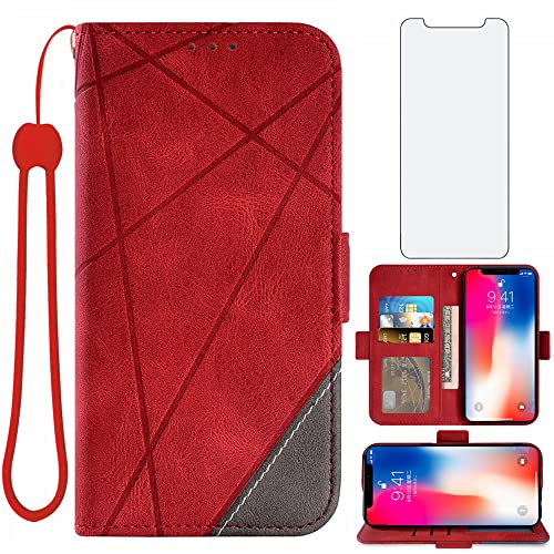Compatible with iPhone Xs X 10 10s Wallet Case and Tempered Glass Screen Protector Leather Flip Cover Credit Card Holder Cell Phone Cases for iPhoneX iPhoneXs iPhone10 i PhoneX SX 10x 10xs X’s Red