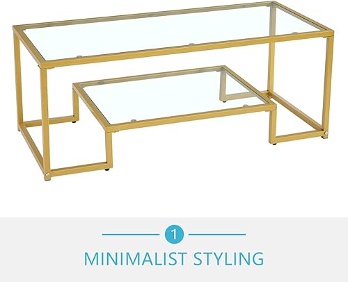Miniatura 8 de Mesa de centro de cristal de metal dorado  Dos niveles con vidrio templado, elegante mesa de centro con marco de metal para dormitorio, comedor y