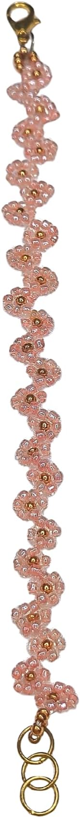 Handcrafted Pink Daisy Beaded Bracelet for Women, Glass Seed Beads with Gold Accents, Floral Spiral Wave Design, Adjustable Chain, Handmade Fashion Jewelry