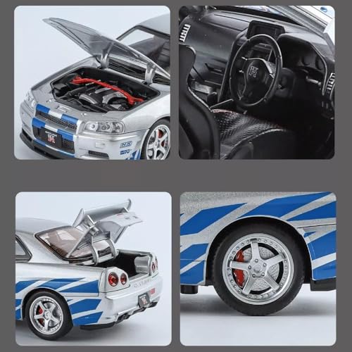 Image of 1:24 Nissan Skyline GT-R R34 Diecast Model Car, Pull Back Toy with Sound & Light, Collectible for Kids & Adults (Purple)