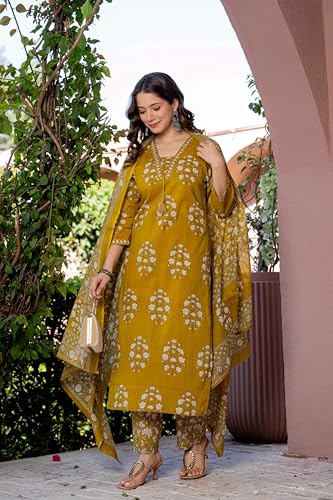 Image of PARTHVI Women's Pure Cotton Printed Straight Kurta Set with Palazzo Pants & Dupatta- Ethnic Wear, Green