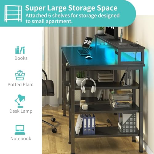 Image of Lufeiya Gaming Desk with LED Lights and Storage Shelves, 47 inch Computer Desk with Power Outlets, Home Office Desk with Monitor Stand, Writing Table PC Desks, Black