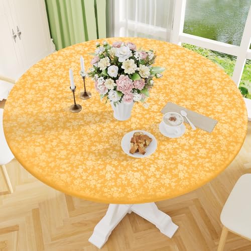 Image of Smiry Waterproof Heavy Duty Vinyl Fitted Tablecloth for 57 inch-68 inch Round Table | Elastic Plastic Table Cloth, Wipeable Washable Floral Patio Table Cover for Picnic, Kitchen and Dining, Mustard Yellow