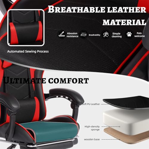 Image of Gaming Desk Chair for Adults, Ergonomic Gaming Chair with Footrest & Headrest and Lumbar Support, Leather Material Height Adjustable Computer Video Game Chairs (Red Upgrade)
