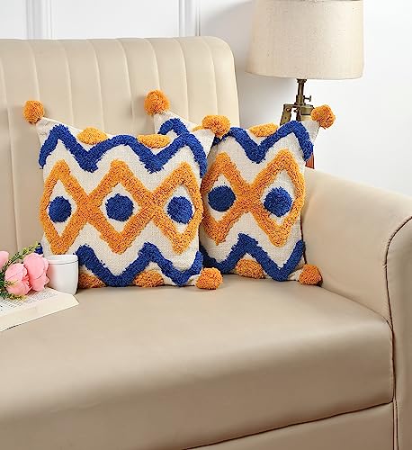 Image of TIB Premium Boho Decorative Throw Cushion Covers, 16 x 16 cm, Set of 2, Cotton. (Blue & Golden Cross)-230 TC