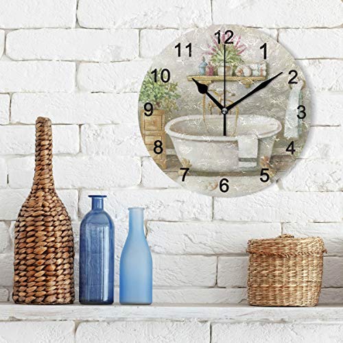 Vintage Bathtub Rustic 10 Inch Round Wall Clock Battery Operated Vintage Farmhouse Wall Decor Bathroom Clock For The Living Room Kitchen Bedroom #TOP2